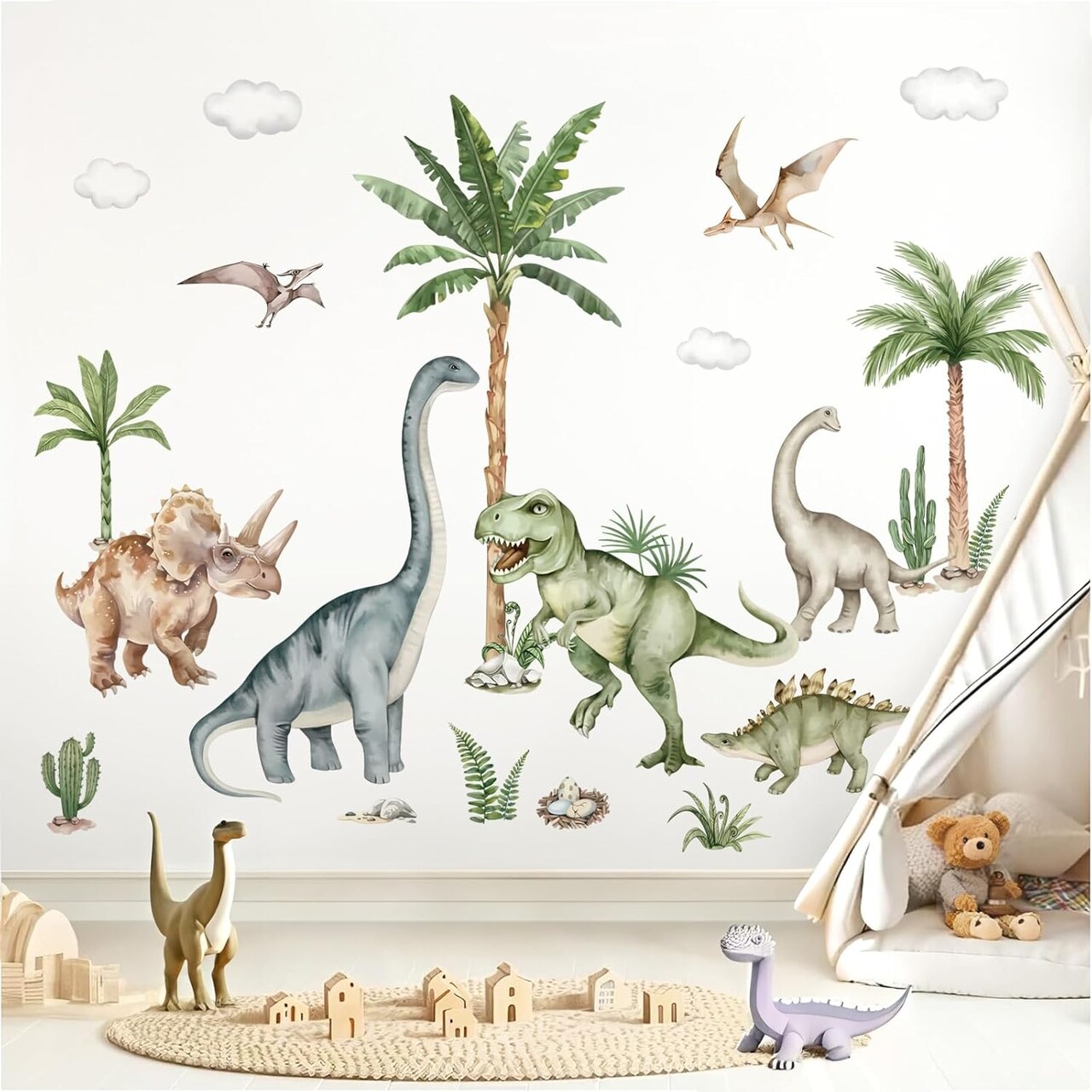 Large Dinosaur Wall Stickers Tropical Animal Dino Palm Tree Plants Wall Art Decals (164 * 83cm)